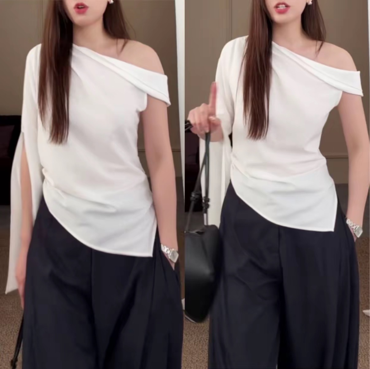 여름 새로운 캐주얼 바람이 아닙니다. 규칙 밑단 비스듬한 어깨 슬림해 보이는 티셔츠 패션 외국 가스 다용도 허리 수축 슬림해 보이는 맨위