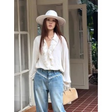 批发法式捏褶荷叶边<b class='q'>衬衫</b>女秋宽松显瘦上衣+蕾丝边牛仔<b class='q'>裤</b>阔腿<b class='q'>裤</b><b class='q'>套装</b>
