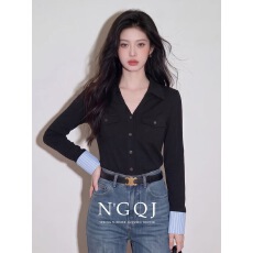 批发新款假两件撞色V领长袖衬衫女修身显瘦时髦设计感+经典<b class='q'>牛仔</b>裤<b class='q'>套装</b>