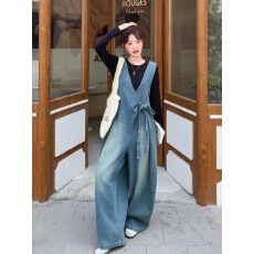 批发时尚<b class='q'>大码</b>女装秋冬牛仔连体长裤慵懒减龄韩版<b class='q'>背带裤</b>+打底上衣套装