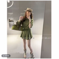 批发亚麻两件套收腰中长款百褶长袖衬衫+短裤 T031101