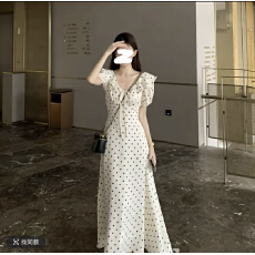 批发澜十一夏季法式新暗纹提花波点泡泡袖<b class='q'>连衣裙</b>收腰复古收腰显瘦长裙