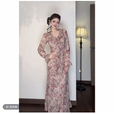 批发言言专属春夏季新款法式碎花长袖收腰显瘦度假风<b class='q'>连衣裙</b>