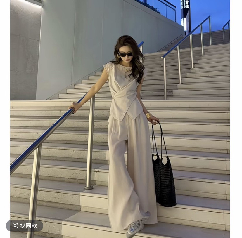 고급 센스 품격 아마 세트 여성 여름 새로운 품격 맨위 와이드 레그 팬츠 패션 슬림해 보이는 통기성 투피스 세트