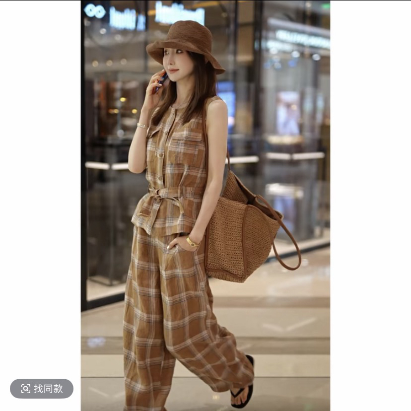 yiyiya.guo 예술 예술 아 크리 딘 오래된 돈 체크무늬 패션 레트로 주머니 베스트 바지 세트 16431ss5