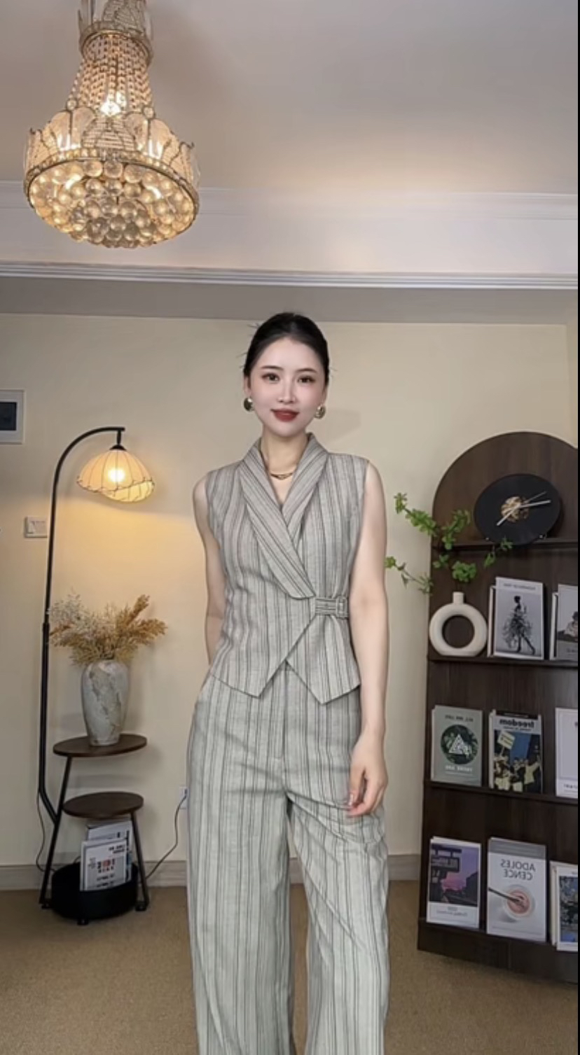 나나 맞춤 들어라. 바람 오래된 돈 느슨함 민소매 폴로 칼라 허리 수축 하이웨이스트 스트레이트 팬츠 출퇴근 세트 mdl22