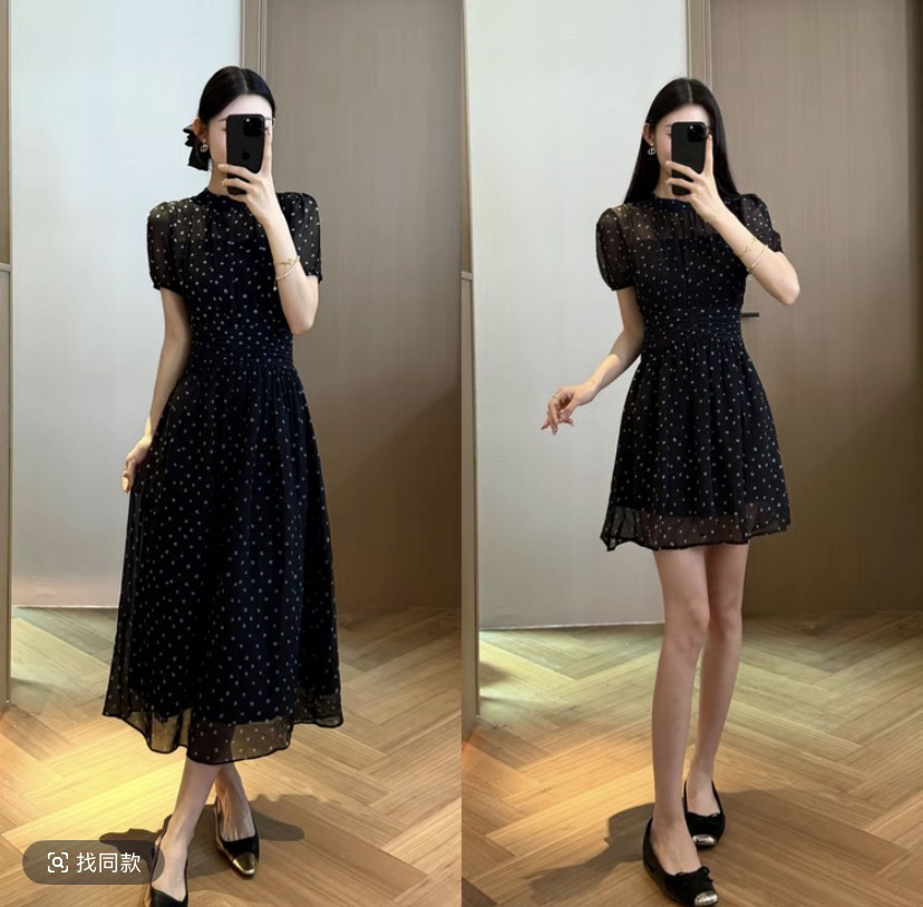 2026 여름 검정색 품격 디자인 센스 도트 무늬 몸매 가꾸기 패션 허리 수축 슬림해 보이는 한 마디 드레스 c0283