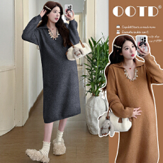 批发实拍 2025秋冬孕妇装气质温柔<b class='q'>百搭</b>毛衣v领项链连衣裙打底