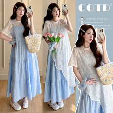 实拍现现 2026韩系温柔孕妇装两件套蕾丝罩衫+蓝白格子裙夏装套装