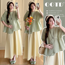 实拍现现 2026韩系清新孕妇装夏装两件套绿格娃娃衫+奶油半身裙