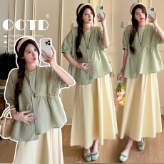 实拍现现 2026夏孕妇装韩系清新两件套绿格娃娃衫奶油半身裙套装