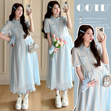 批发实拍现现 2026<b class='q'>孕妇装</b>夏款甜美减龄娃娃领条纹肌理感连衣裙