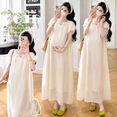 实拍现现 2026夏款孕妇装天丝温柔风花朵领泡泡袖宽松遮肚连衣裙