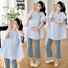 批发实拍现 2026夏款孕妇装蓝色圆领抽绳泡泡袖宽松<b class='q'>短袖</b>大码衬衣上衣