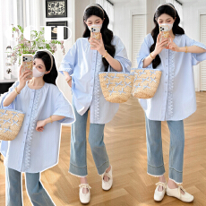 批发实拍现现 2026夏款<b class='q'>孕妇</b><b class='q'>蓝色</b>蕾丝拼接<b class='q'>衬衫</b>韩系温柔风孕期大码上衣