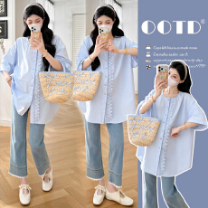 批发实拍现 2026夏款大码<b class='q'>孕妇</b><b class='q'>衬衫</b>法式慵懒风浅蓝色短袖蕾丝拼接上衣