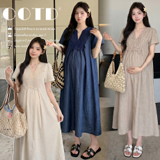 实拍现～2026夏季孕妇装连衣裙温柔棉麻质感v领蕾丝刺绣宽松极简