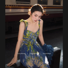 批发度假<b class='q'>连衣裙</b>女<b class='q'>高端</b>精致名媛气质生日宴会礼服重工褶皱法式印花长裙