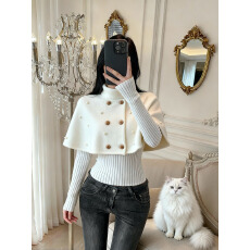 批发已保护 法式双排扣斗蓬毛织衫女秋<b class='q'>冬</b>季百搭显瘦保暖长袖上衣