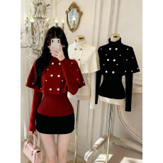 批发已保护 法式双排扣斗蓬毛织衫女秋<b class='q'>冬</b>季百搭显瘦保暖长袖上衣