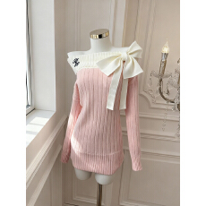 批发实价已保护 <b class='q'>甜美</b>少女风一字肩蝴蝶结针织毛衣连衣裙女收腰毛衣裙