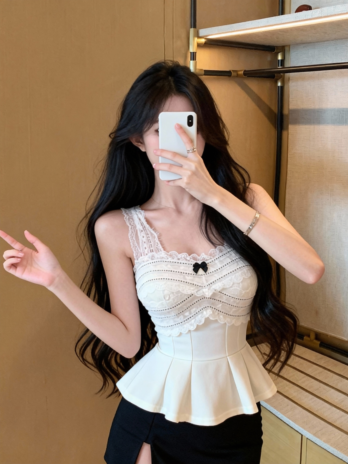 MY15974# 设计感撞色蕾丝拼接吊带女甜美蝴蝶结上衣女裝貨源服裝批發