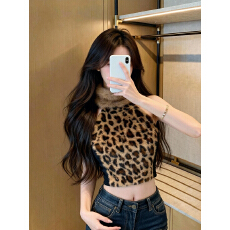 批发实价已保护 豹纹毛毛领长袖<b class='q'>t</b><b class='q'>恤</b>女秋冬美式辣妹袖套上衣半高领