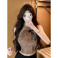 批发实价已保护 毛毛拼接蝴蝶结吊带背心冬新款法式打底衫辣妹上衣女