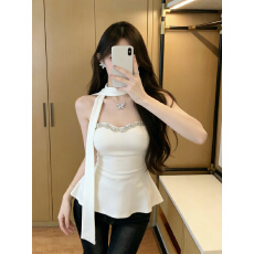 批发实价已保护 法式重工钻链<b class='q'>一字肩</b>飘带抹胸背心女收腰显瘦无袖上衣