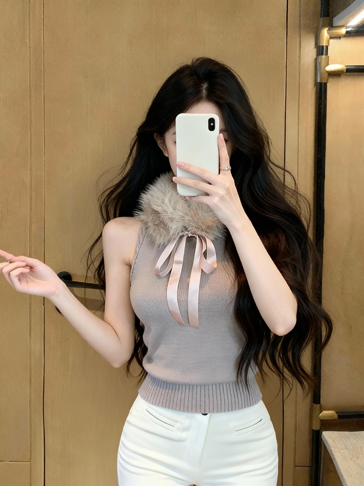 MY15972# 毛毛围脖挂脖针织背心上衣冬可拆卸毛领女裝貨源服裝批發