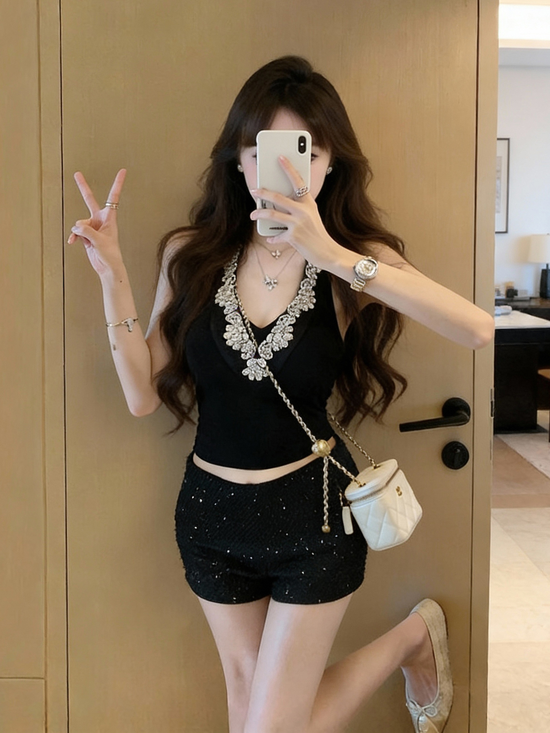 MY15971# 性感重工水钻蕾丝拼接背心吊带女V领修身显瘦无袖上衣女裝貨...