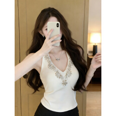 批发实价已保护 法式名媛高级感重工水钻V领背心财阀千金风吊带上衣