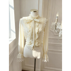 批发实价已保护 新款法式蝴蝶结系带长袖衬衫女宫廷风蕾丝拼接上衣