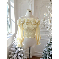 批发实价已保护 一字肩立体花朵<b class='q'>长袖</b><b class='q'>衬衫</b>女法式褶皱修身显瘦打底上衣