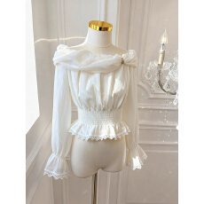 批发实价已保护 荷叶边雪纺衬衫<b class='q'>喇叭袖</b>法式一字肩上衣蕾丝打底衫女