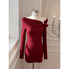 批发实价已保护 新年战袍红色一字肩针织连衣裙女秋<b class='q'>冬</b>性修身包臀短裙