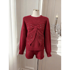 批发实价已保护 红色毛衣套装<b class='q'>女</b>秋冬穿搭整套蝴蝶结针织衫<b class='q'>短裤</b>两件套