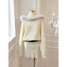 批发实价已保护 新款一字肩毛毛连衣裙女高级感麻花<b class='q'>毛衣</b>短裙配腰带