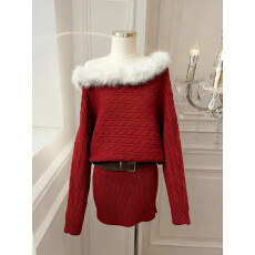 批发实价已保护 新款毛毛领一字肩针织连衣裙女小个子包臀<b class='q'>毛衣</b>短裙