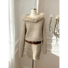 批发实价已保护 新年战袍~ 针织连衣<b class='q'>裙</b>女秋冬毛领斜肩收腰包臀毛衣<b class='q'>裙</b>