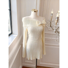 批发实价已保护 新年战袍红色一字肩针织连衣<b class='q'>裙</b>女秋冬性修身包臀短<b class='q'>裙</b>