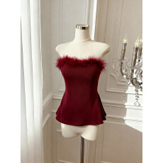 批发实价已保护 毛毛领吊带背心女秋冬纯欲收腰抹胸上衣带胸垫内搭