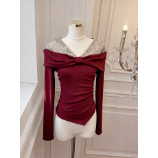 批发实价已保护 新年红色长袖t恤女秋冬一字肩亮片上衣<b class='q'>蕾丝</b><b class='q'>打底衫</b>