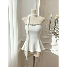 批发实价已保护 法式重工钻链一字肩飘带抹胸背心女收腰显瘦无袖上衣