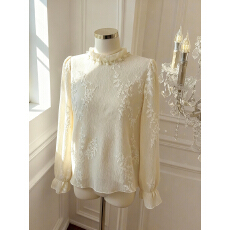 批发实价已保护 气质<b class='q'>蕾丝</b>刺绣<b class='q'>雪纺</b>衫女早春荷叶边领长袖打底衫上衣