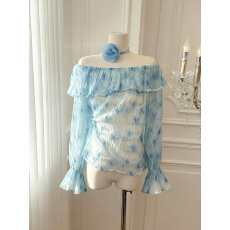 批发实价已保护 法式一字肩花边<b class='q'>喇叭袖</b>碎花衬衫女春季荷叶边独特上衣