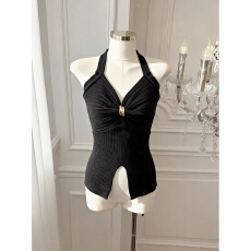 批发实价已保护 纯欲辣妹露背挂脖吊带背心女<b class='q'>设计</b>感收腰开叉针织上衣