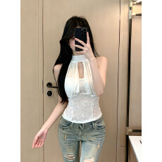 批发实价已保护 纯欲氛围感挂脖背心女修身显瘦韩系网纱拼接挂脖上衣