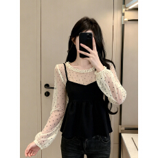 批发实价已保护 韩系波点木耳边长袖衬衫女新款设计感小众<b class='q'>吊带</b>两件套