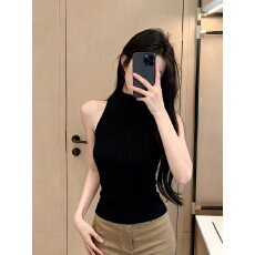 批发实价已保护 绝美韩系半高领女挂脖前后两穿针织背心露背修身上衣